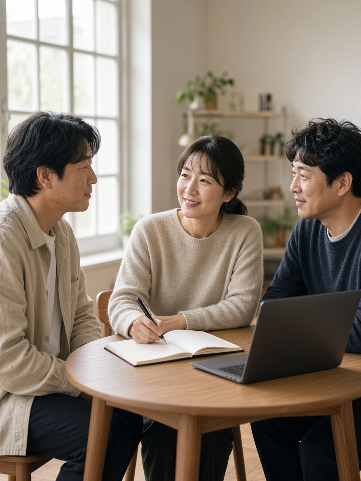 스튜디오 테이블에서 기획하는 세 명의 조합원